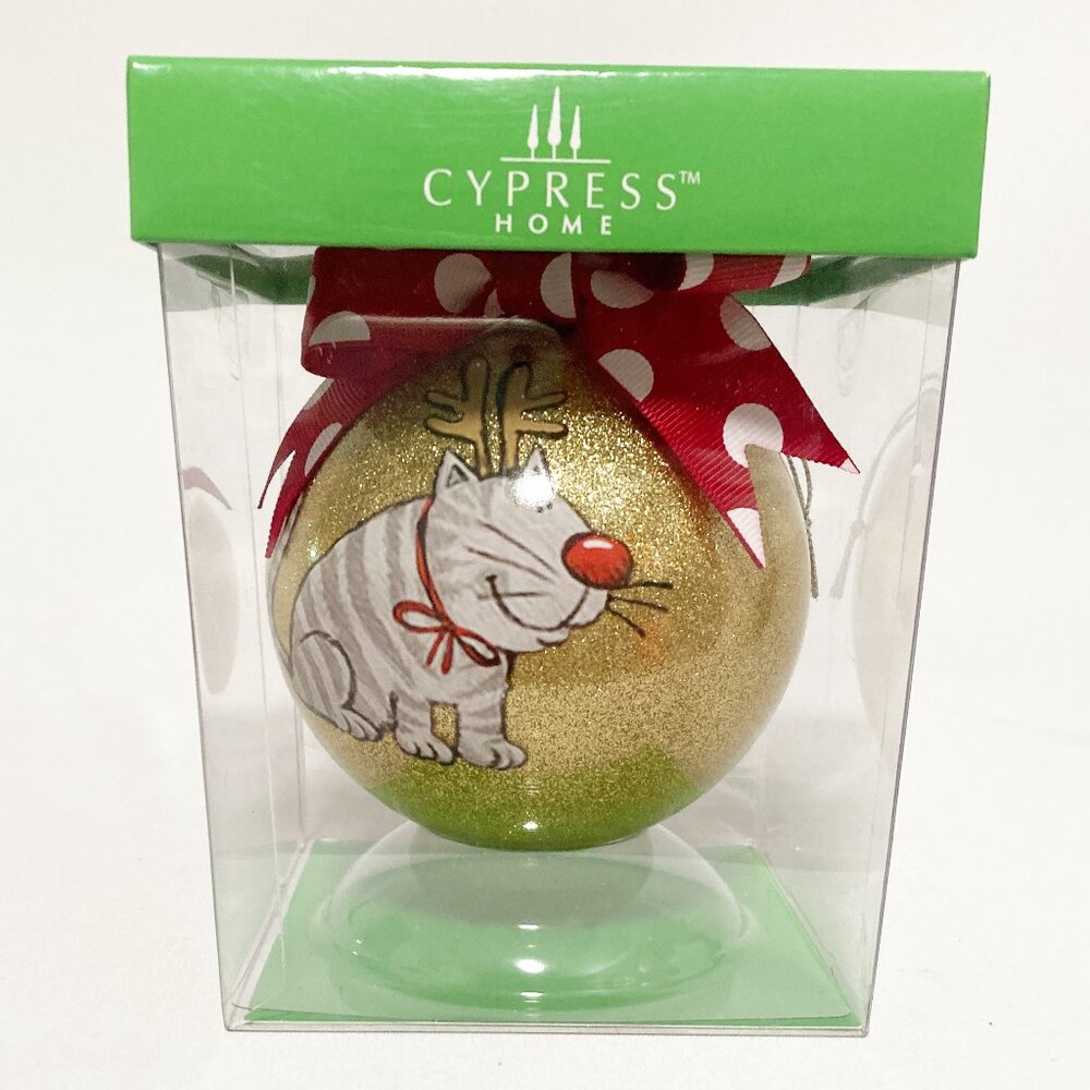 Cypress Home Glass Ball Glitter Ornament Cat "Merry Kittmas" NWT